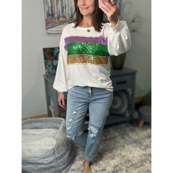 Mardi Gras Sequined Color Block French Terry Purple Green Gold Ivory 1123 - Picture 7 of 11